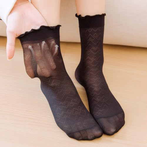 6 Pairs Sheer Ruffled Socks, Black Sheer Nylon Socks for Women, Nude Stocking Summer Sheer Nylon Scok One Size for Women Girls Thin Fashion Black White3