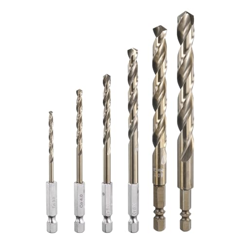 sourcing map M35 High Speed Steel Cobalt Twist Drill Bit Set 3/4/5/6/8/10mm with Quick Change 1/4 Hex Shank Jobber Drill Bit for Metal, Steel, Copper, Aluminum, Zinc Alloy