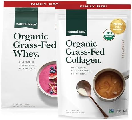 Natural Force Grass Fed Organic Whey Unflavored A2 Protein Powder, 5 LB Organic Clean Collagen Peptides Powder Unflavored, 32oz