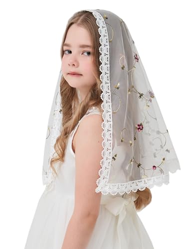 D Shaped Veil for Girl Baptism First Communion Veils for Girls Lace Chapel Veil Rose Embroidered Veil K22