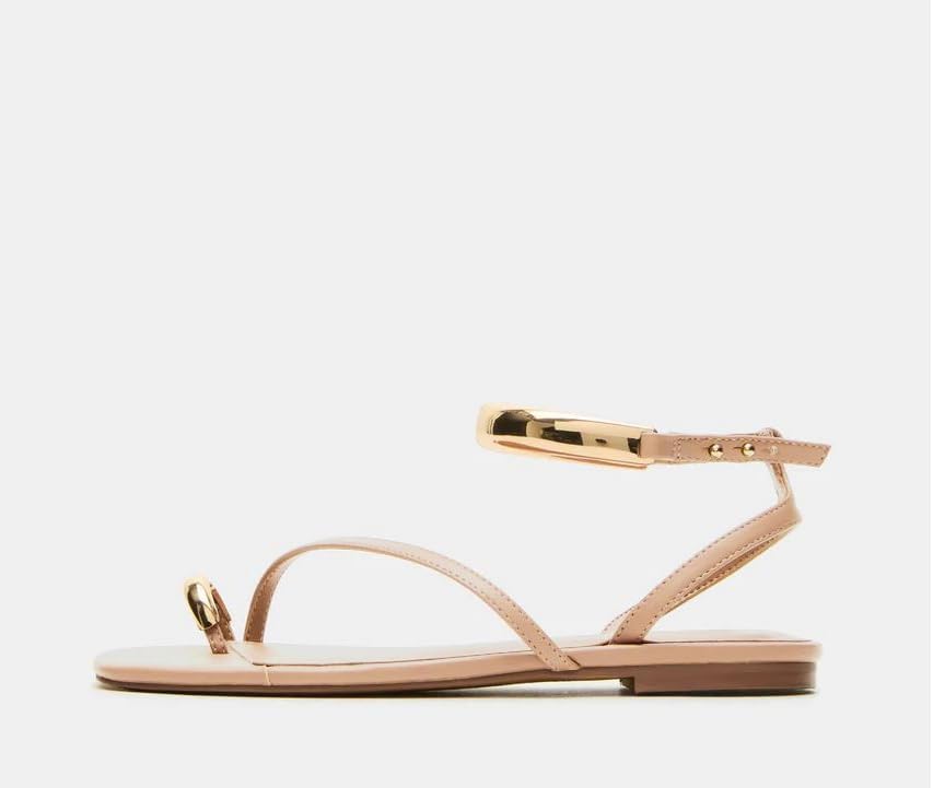 Coutgo Womens Strappy Flat Sandals Flip Flops Open Toe Ring Sandals Metal Ankle Strap Summer Beach Shoes - Image 4