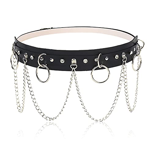 Simmpu Punk Nieten Metall GüRtel Gothic GüRtel Kette Verstellbare Punk Rock ​Pu Leder GüRtel Mit Metallkette Ring Taille Ornament für MäDchen Damen Frauen Kleid Jeans Hosen Gothic Punk Rockwear Cover