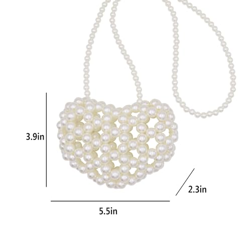 Image of Heart White Beaded Pearl Crossbody Bag Acrylic Beaded Purse Mini Wrislet Clutch Elegant Evening Bag for Party Wedding