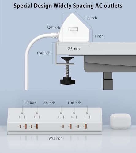Image of Jgstkcity Desk Clamp Power Strip,Edge Mount,65W USB C,1200J,White | 4 USB-C Ports,Fit 1.96'' Tabletop,1875W Extension Cord,ETL Listed,Outlet Extender Desk Organizer,Office,Gaming,Dorm