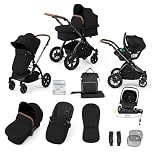 Ickle Bubba Luxe 3‑in‑1 Travel System with Nimbus i‑Size 180° Spin ISOFIX Base – Pram, Pushchair, Carrycot & Car Seat for Newborn to 22kg | Midnight/Tan Black Chassis