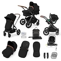 Ickle Bubba Stomp Luxe 12pc Travel System with i-Size Nimbus Car Seat & 180° Spin ISOFIX Base (Midnight/Tan, Black Chassis) – Convertible Configurations, Birth to 22kg (Approx. 4 Years)