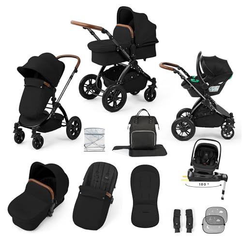 Ickle Bubba Stomp Luxe 12pc 3 in 1 Travel System with Nimbus i-Size Car Seat & ISOFIX Base, Baby Pram Pushchair with Carrycot, Birth to 22kg, Midnight/Tan, Black Chassis