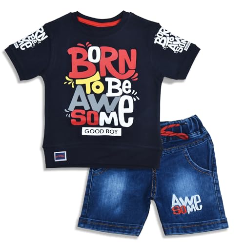 Image of Fancy Kids Pure Cotton T-Shirt And Denim Jeans Shorts Set For Boys
