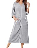 Ekouaer Zipper Robes for Women 3/4 Sleeve Bathrobe Lightweight House Coats for Women with Pockets Long Moo Moo Nightgown