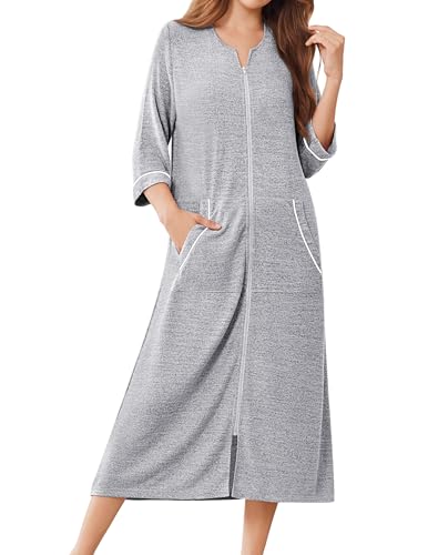 Image of Ekouaer Zipper Robes for Women 3/4 Sleeve Bathrobe Lightweight House Coats for Women with Pockets Long Moo Moo Nightgown