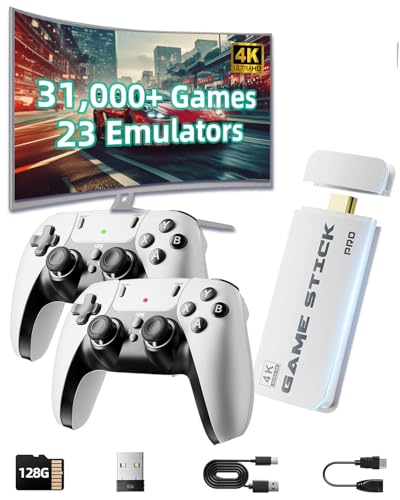 XYELLOWICON 2026 Retro Game Console with 31,000+ Games & 128GB Memory, 4K HDMI TV Stick with 2 Wireless Controllers, 23 Emulators, Plug and Play