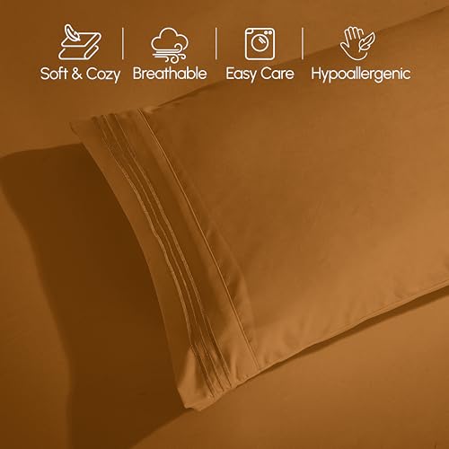 Image of Elegant Comfort Luxurious 1500 Premium Hotel Quality Microfiber Three Line Embroidered Softest 4-Piece Bed Sheet Set, Wrinkle and Fade Resistant, Queen, Bronze