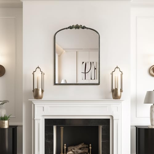 WallBeyond Black Vintage Mirror for Vanity 24x32 Inch, Black Antique Mirror with Ornate Frame, Arched Vintage Wall for Bathroom, Living Room, Fireplace, Entryway