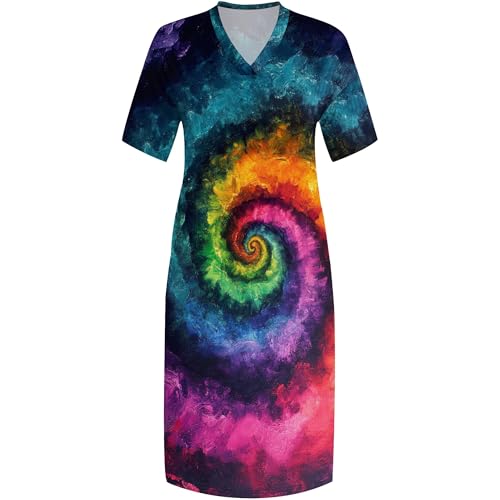 Image of SUZONANA Women Casual T-Shirt Dress V Neck Short Sleeve Solid Color Oversize Dress with Front Two Pockets
