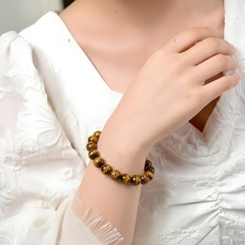 Image of VAMA Natural Tiger Eye Bracelet | Certificate of Authenticity | Confidence, Protector, Will Power | Tiger Eye Round Beads | Crystal Stone Bracelet for Men and Women