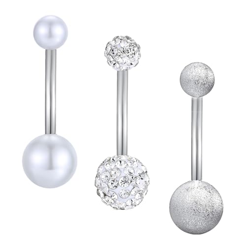 Besyvvin 14G 16mm Piercing Ombligo Acero Quirúrgico Largo Piercing De Ombligo Plata Perla y Corazón Cz Brillante Piercing En El Ombligo Joyas Piercing