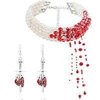 Vampir Kostüm Damen Set - Halloween Accessoires Damen & Vampir Zubehör - Blutige Perlenkette & Ohrringe für den Grusel-Look, Halloween Kostüm damen, Verstellbarer Blutige Perlenkette für Halloween