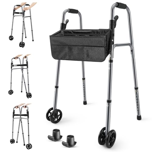 Image of Folding Walker for Seniors with Basket：Standard Walkers for Seniors Elderly | Lightweight Aluminum Rolling Walker with 4 x 5 inch Front Wheels, Storage Bag & Ski Glides 8 Height Adjustments, 350lbs Capacity