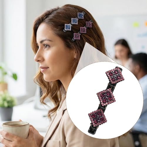 HINZIC 3 Pzs Pinzas trenzadas para cabello para mujer, doble capa con brillantina y cristales, antideslizantes, para uso diario y fiestas - Champagne, Gris y Morado miniatura 4