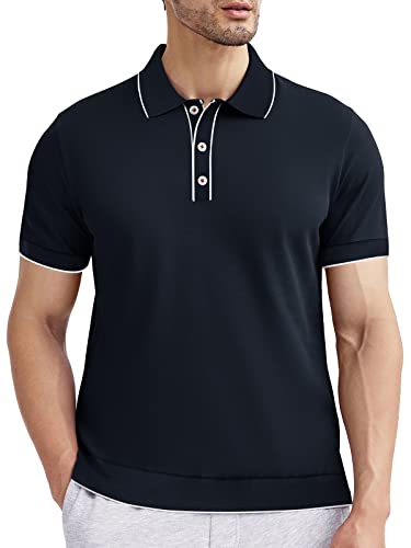 Altairega Men's Knit Polo Shirts Cotton Short Sleeve Casual Polo Shirt Collared Vintage Shirts With 3 Buttons Navy Xl #TOP6