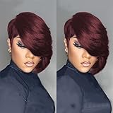 PangDongLai 10A Pixie Cut Wigs for Black Women Model Length Dark 99J Color Side Part Short Layered Pixie Cut Human Hair Wear and go Glueless Wigs With Bangs for Daily Use (dark 99J)
