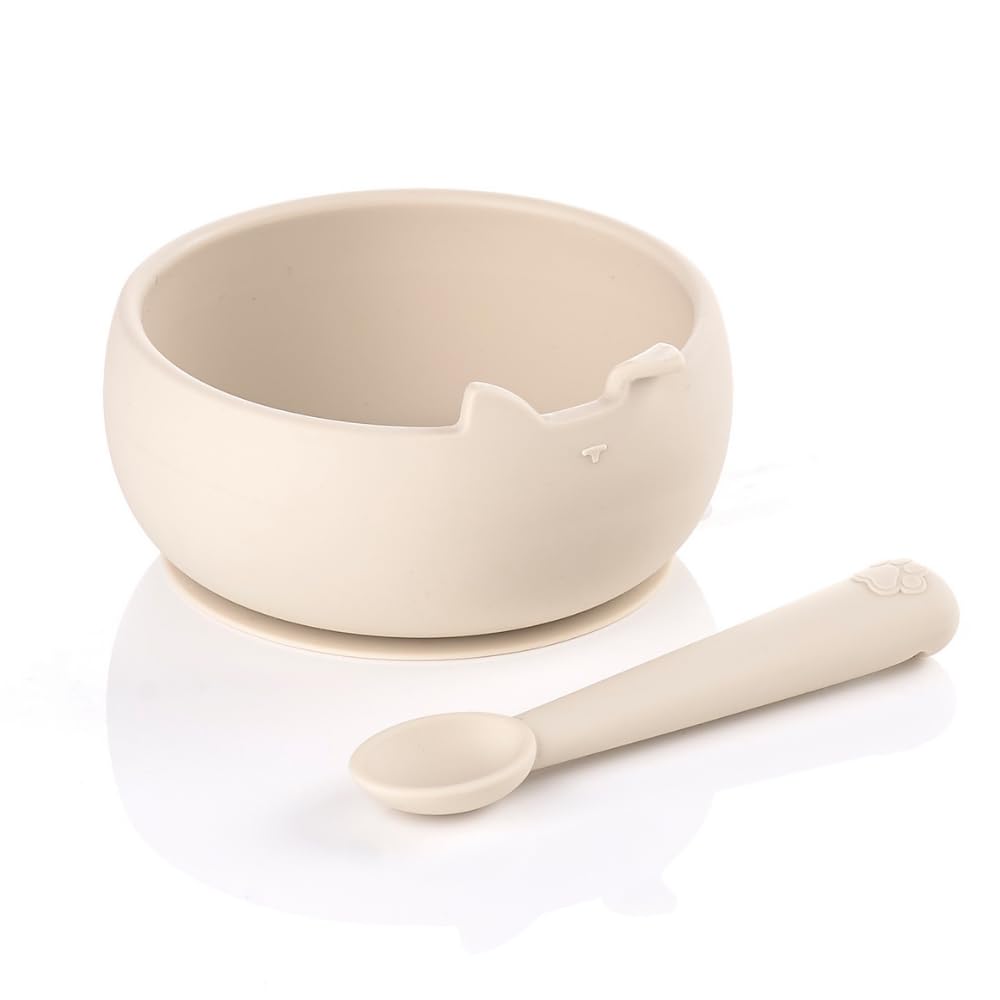 Jané Silikon Baby Schüssel mit Saugnapf und Löffel, BPA-frei, Mikrowellengeeignet, Baby Geschirr Set, Beige