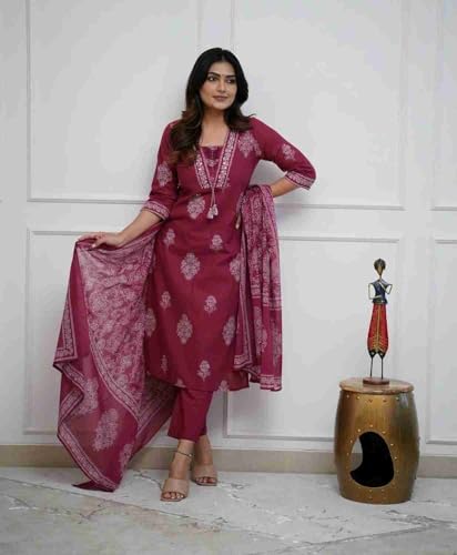 Image of PARTHVI|Women's Pure Cotton Printed with Handwork Kurta with Pants and Dupatta Set | Ethnic Set | Suit Set | Kurta Set | Wedding Suit Set