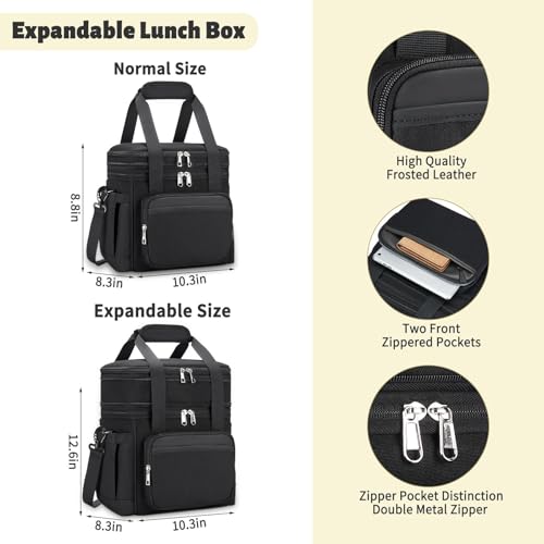 Insulated Lunch Bag & Lunch Box for Men - Double Deck Reusable Lunch Bag for Women Tote Cooler Bag Leakproof Soft Expandable - Large Lunchbox for Work/Adult/Picnic/Outdoor (Black,15L)