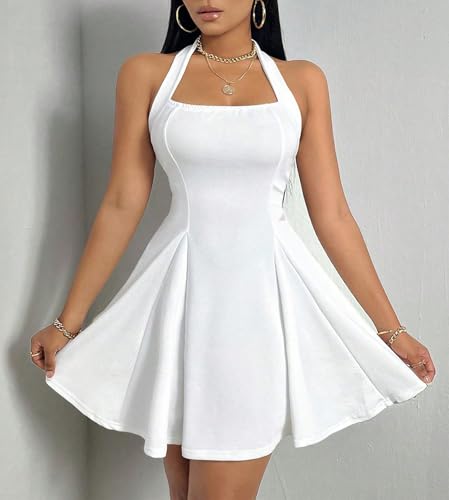 Image of PerZeal Women's Summer Halter Dress Backless Mini Beach Party Dress Sleeveless A-Line Sundress Casual Club Dress