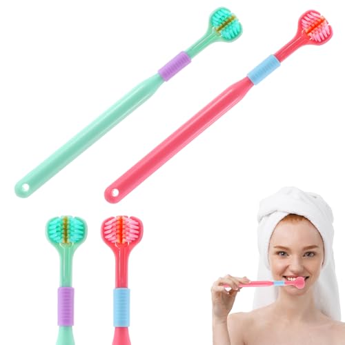 Sibba 2 cepillos de dientes de tres lados, cepillo de viaje de tres cerdas, diseño redondo eficaz, gran ángulo que limpia todos los dientes, cepillos de dientes suaves para hombres y mujeres (rosa