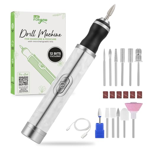 LAC FOR YOU Fresa para uñas portátil USB-C, 4 velocidades – Lima eléctrica para uñas manicura y pedicura con 12 puntas y 6 tapas – Rotación bidireccional, recargable – Blanca