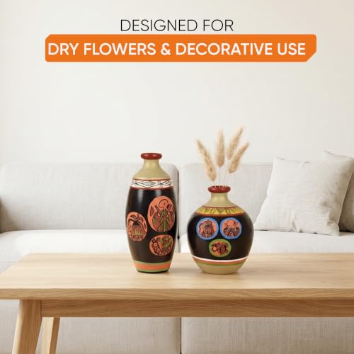 Image of Aakriti Art Creations Black Earthen Terracotta Vases Set of 2 with Madhubani Tattoo Art | Handmade Matte Finish Decorative Flower Vases for Living Room Table Decor & Home Gifting
