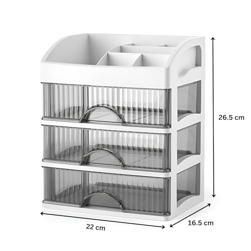 Image of HoopVool Desk Makeup Organizer, Plastic Storage Box with Sliding Drawer, Stylish Display Case for Cosmetics, Lotion, Nail Polish,Brushes,and Jewelry (1 White, 3 - Layer)