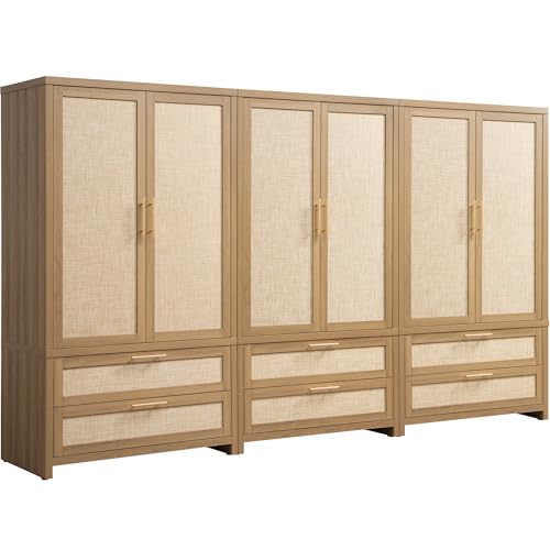 Image of SICOTAS Armoire Wardrobe Closet, Larger Rattan Armoires Wardrobe Cabinet with 2 Drawers and Hanging Rod, Tall Closet Storage Cabinet for Cloak Room, Laundry Room, Bedroom, Oak (3 Pieces)