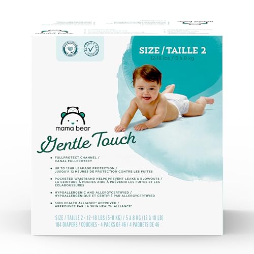 Image of Amazon Brand - Mama Bear Gentle Touch Diapers, Size 2, 184 Count (4 packs of 46)