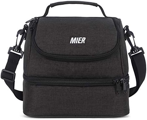 MIER 2 Compartment Kids Small Lunch Box Bag for Boys Girls Toddlers, Adult Leakproof Cooler Insulated Lunch Tote with Shoulder Strap (Dark Grey)
