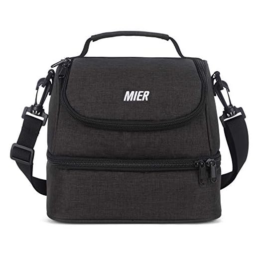 MIER 2 Compartment Kids Small Lunch Box Bag for Boys Girls Toddlers, Adult Leakproof Cooler Insulated Lunch Tote with Shoulder Strap (Dark Grey)