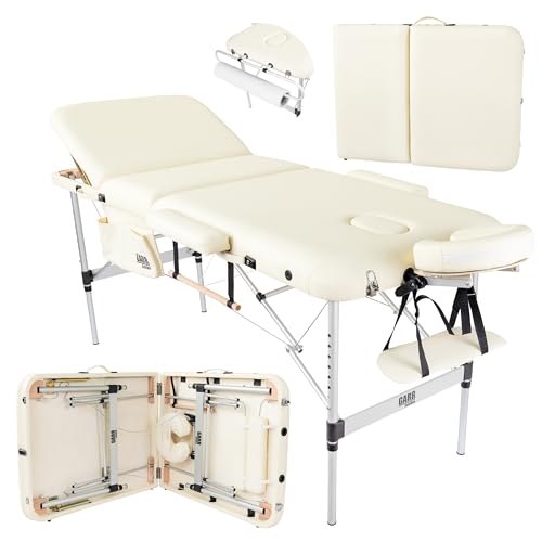 GARR Solution Lettino Massaggio Portatile 3 Zone in Alluminio, Professionale per Estetista, Fisioterapia e Tattoo, Pieghevole e Leggero - 185x70 H62/80cm - con Porta Rotolo e Accessori - Crema