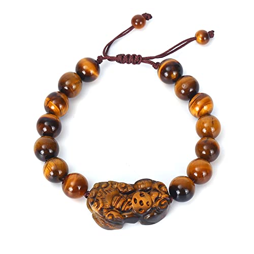 Xiaocao8 Handmade Good Luck Bracelet Chinese Pixiu Tiger Eye Stone Beaded Bracelets for Men and Women Feng Shui Jewelry (10MM)