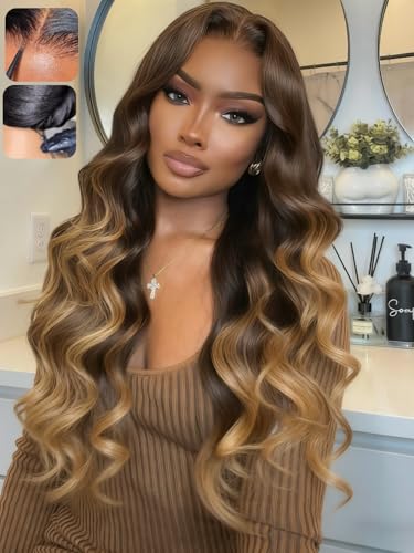 Image of KLAIYI Ombre Brown Bye Bye Slip Loose Wave Precut 7x5Lace Front Wigs Human Hair Glueless Drawstring Balayage Highlight Pre Plucked Bleached Knots Ready to Wear and Go Wig with Face Framing Bang 26Inch