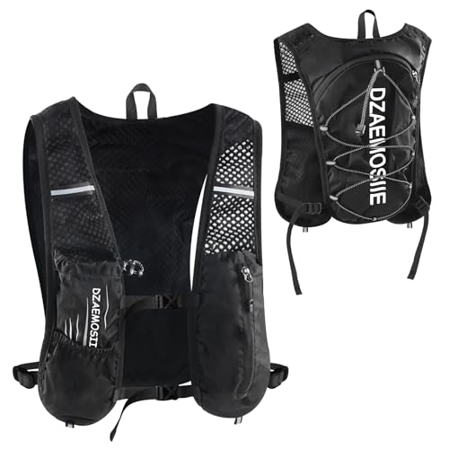 DZAEMOSIIE Laufweste für Damen und Herren, Verstellbare Laufrucksack, Leichter Trinkrucksack Laufen 5L, Runing Vest Reflektierend für Jogging, Trailrunning, Fahrrad, Marathon, Motorrad, Schwarz