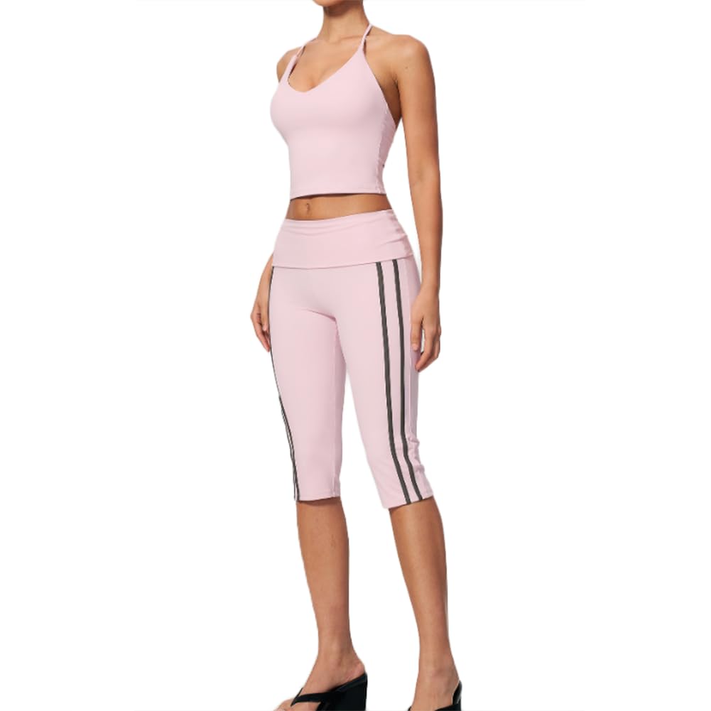 Top Yoga Donna Scollo V Profondo e Pantaloni Capri | Canotta corta halter scollo V, pantaloni yoga capri con strisce laterali e vita ripiegabile, completo fitness 2 pezzi elastic