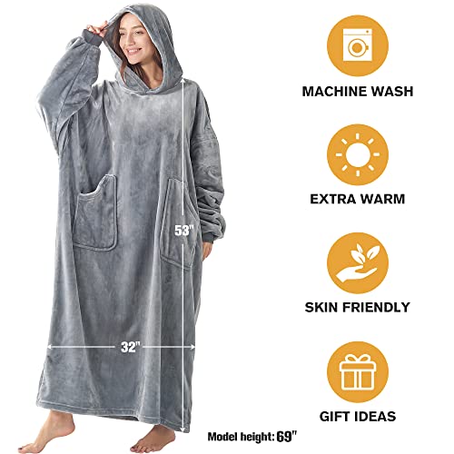Bedelite Fleece Wearable Blanket Hoodie With Sleeves And Pocket, Long Oversized Blanket For Women Men&Teen,Plush Size-Grey 53"X32" #TOP3