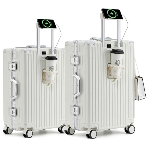lesulety Valise 2 Pièces Valise Rigide Valise Moyenne Valise 4 Roues Légère Valise Cabine avec Chargeur USB,Blanc,20in+24in