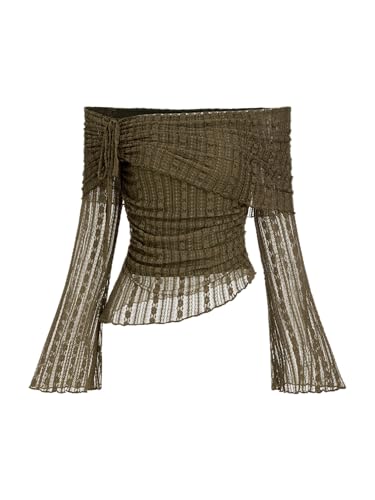 CIDER Long Sleeve Tops for Women Lace Off Shoulder Top Asymmetrical Hem Slim Fit Blouse Going Out Top