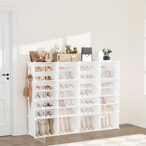 Image of Portable Shoe Rack Organizer with Door, 64 Pairs Shoe Storage Cabinet Easy Assembly, Plastic Adjustable Shoe Storage Organizer Stackable Detachable Free Standing DIY Expandable 8 Tier White