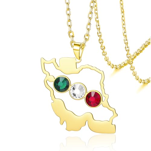 VASSAGO Collier avec pendentif carte de l'Iran avec colombe de la paix/embrasse/drapeau en acier inoxydable CZ patriotique iranien, bijou persan, cadeau pour femmes et hommes, Adjustable, Acier