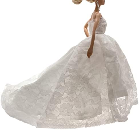 Peregrine White Floral Chapel Train Soft Tulle Wedding Dress with Lace for 11.5 inches Dolls