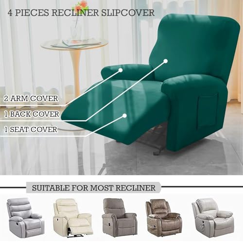 Image of HOKIPO 'SereneSolids' 140 GSM 4-Pieces Elastic Stretchable Recliner Sofa Cover 1 Seater Fully Covered Soft Washable Sofa Slipcovers Furniture Protector, Teal (NEW2-4740-TEAL)