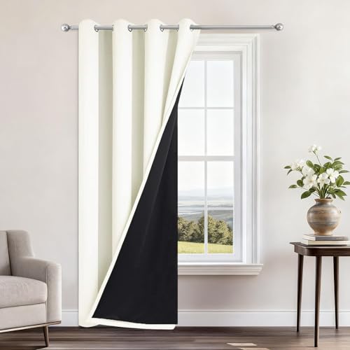 Image of Yakamok Cream Blackout Curtains 84 Inches Long for Bedroom 52 inch Wide 1 Panel | Blackout Curtain Panels for Bedroom, 2 Thick Layers Grommet Top Thermal Insulated Drapes with Black Liner for Living Room